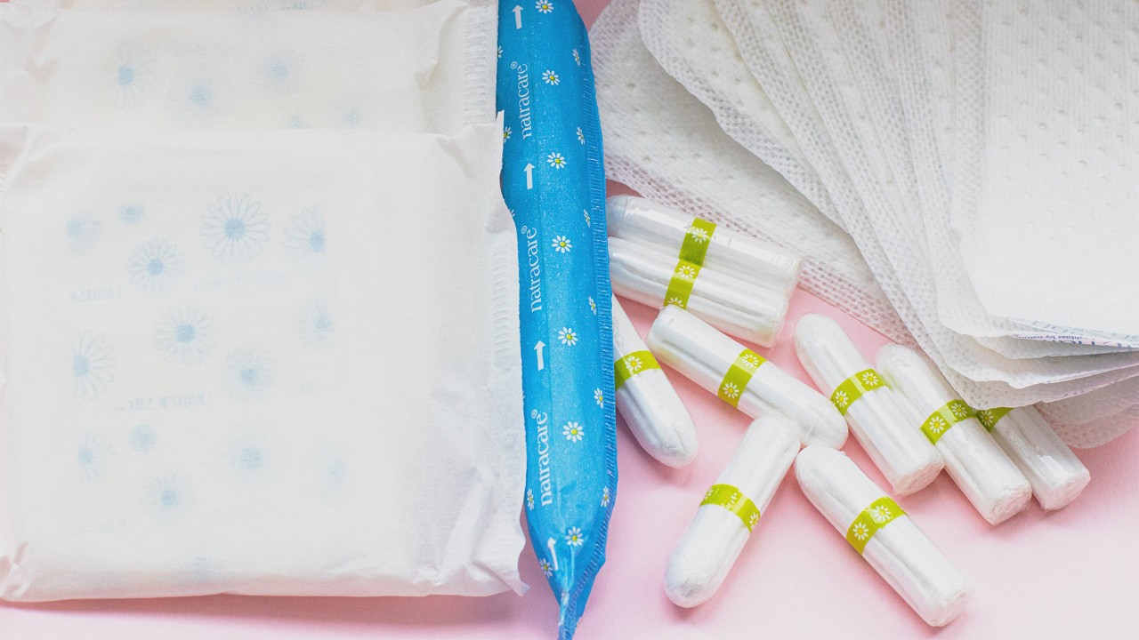 Period products including tampons and pads.