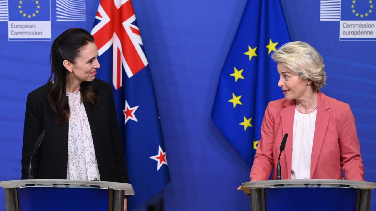 The European Union flag and a bunch of KiwiFruit sit on a table