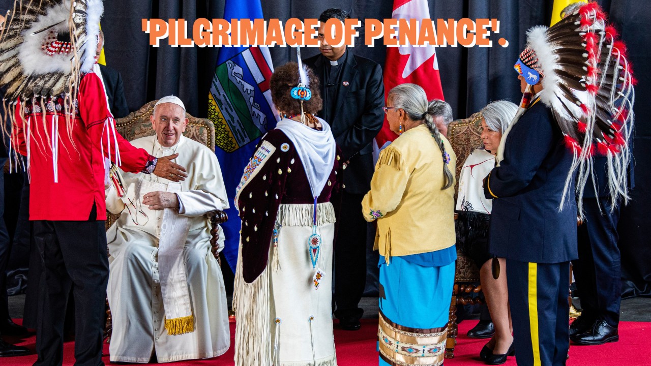 Pope Francis greets Chief George Arcand, Grand Chief of the Confederacy of Treaty Six First Nations.